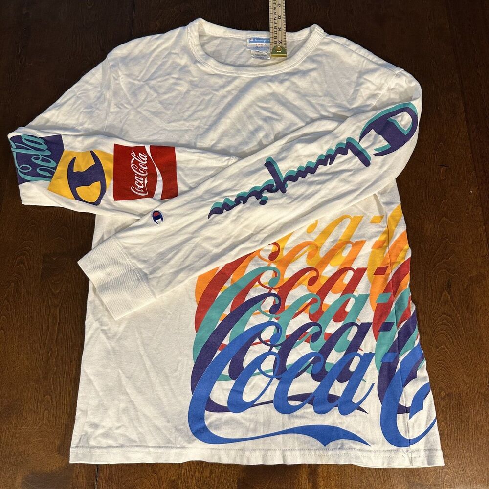 Champion x Coca-Cola Long Sleeve Graphic T-Shirt Mens Small White Colorblock